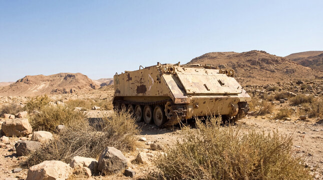 Abandoned M113 Armored Personnel Carrier in a desolate desert landscape with rocky hills.
