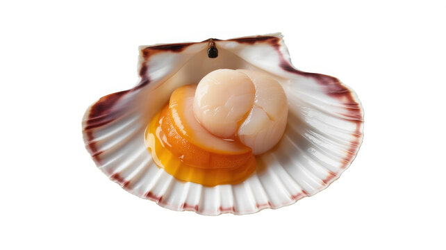 Fresh raw scallop meat placed inside an open decorative shell on a solid white background, close up