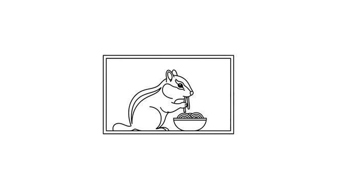 Cute Chipmunk Eating Spaghetti from Bowl in Minimalist Line Art Style