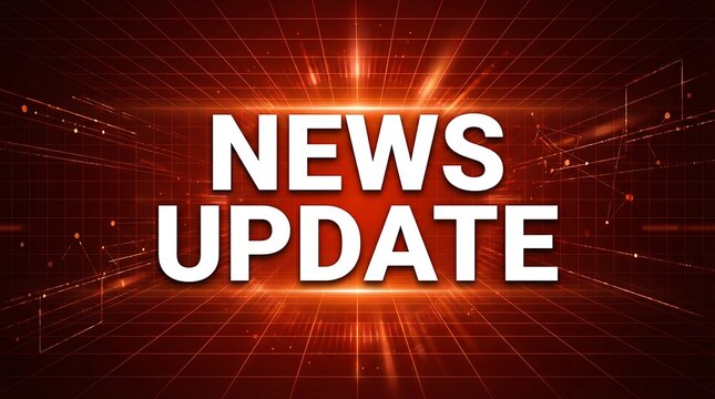 News update text on abstract red background with glowing grid and light effects showing breaking news information concept.