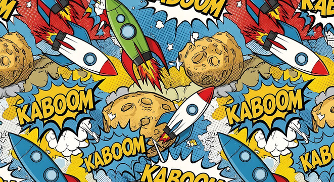 comic book seamless pattern with retro rocket and pop art space background featuring kaboom effects and asteroids.
