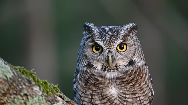 Close up portrait of an African Scops Owl perched on a mossy tree branch
