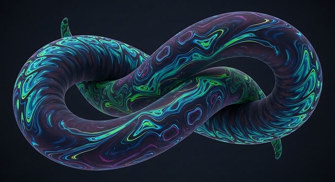 Abstract mobius strip design with swirling colors on dark background