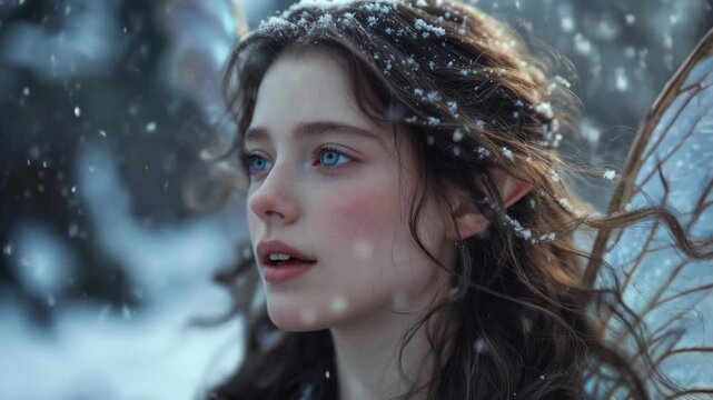 Ethereal Winter Elf Woman with Wings in the Snow