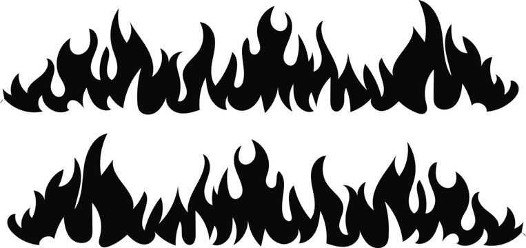 Black Fire and Flame border silhouettes set isolated on white background, Vector illustration of burning blaze for hot energy and warning concepts.