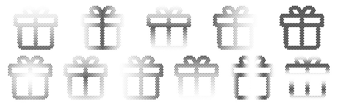 Gift Halftone Icon Collection &ndash; Gift Dotted Circles Halftones Geometric Dots Gradient &ndash; Dot Spray Gradient Vector Set &ndash; Gift Illustration Halftone Gradient
