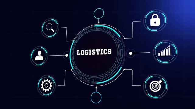 Business logistics and global distribution strategy visualization, modern data hud with glowing blue icons, seamless abstract animation footage for corporate projects