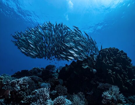 Large school of fish swimming together over a vibrant coral reef in clear blue ocean water.