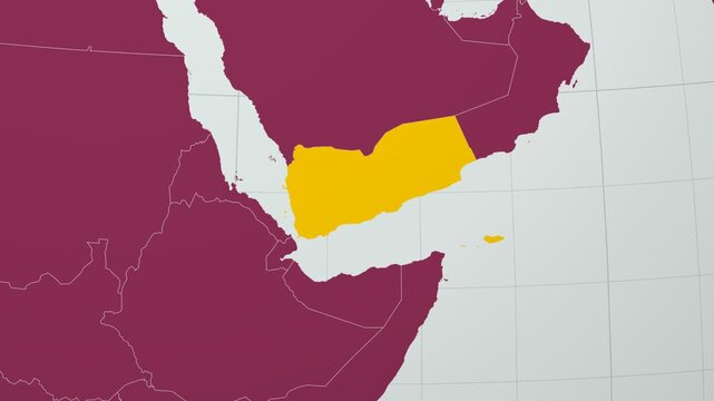 Yemen map. Animated zoom into the country on the Globe in Pale Mint Dark Pink color palette. Country logo animation with round text and airplanes. Map with meridians, parallels. Charming video.