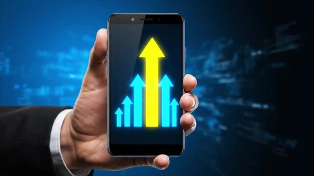 businessman holding smartphone with glowing level up text and rising arrows hologram representing gaming progress or business career growth