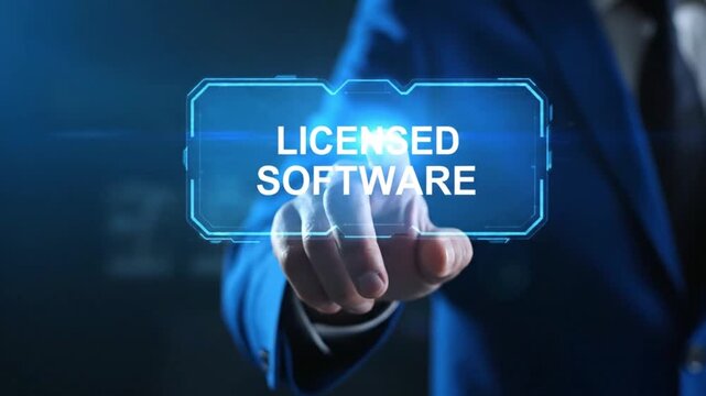 businessman in blue suit touching a virtual digital interface button displaying licensed software text in a dark technological