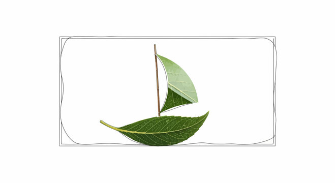 Nature's Sailboat: Green Leaf Boat with Leaf Sail on White Background