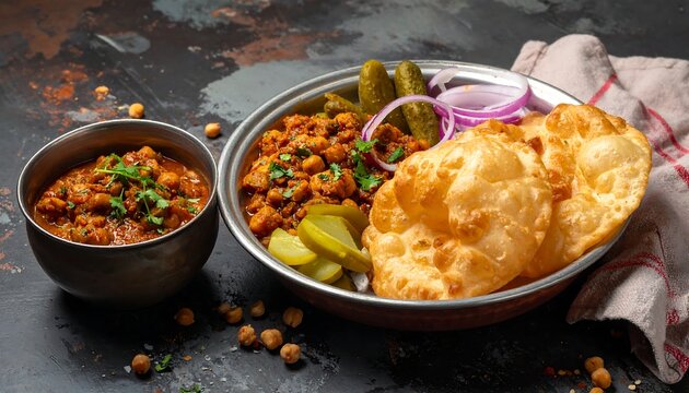 Chole Bhature, Traditional Indian Chickpea Curry with Fried Bread