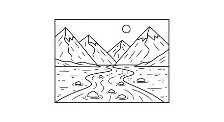 Obraz premium Minimalist Mountain River Landscape Line Art Illustration