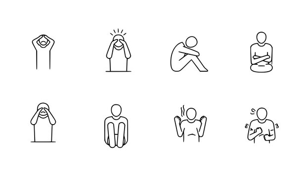 Minimal sad and worried people line icon set stress anxiety emotional symbols vector