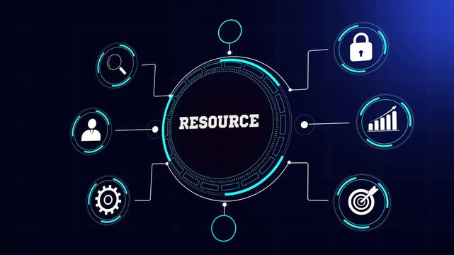 Business resource planning and strategic allocation visualization, modern data hud with glowing blue icons, seamless abstract animation footage for leadership projects