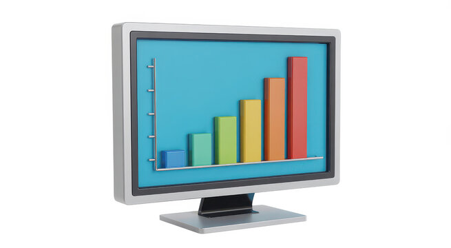 3d computer monitor showing a colorful bar chart with a vertical axis scale on white background