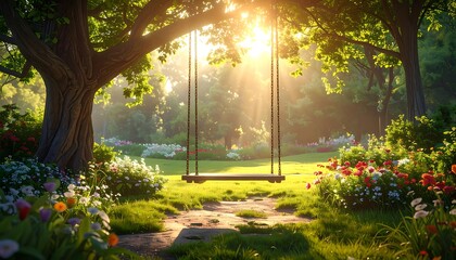 A serene park scene bathed in sunlight, a wooden swing suspended from a large tree, a floral landscape in view © Duni