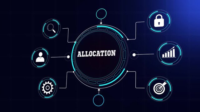 Business resource allocation and financial strategy visualization, modern data hud with glowing blue icons, seamless abstract banking animation for professional use