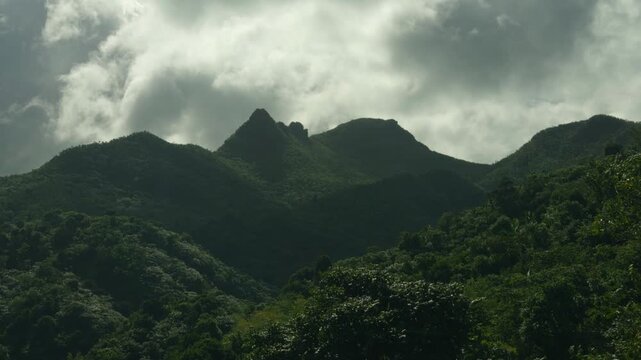 Cinematic drone shot of lush green mountain ridges partially covered in thick white mist and clouds. High angle view of the tropical forest interior in Puerto Rico during a cloudy day. el yunque