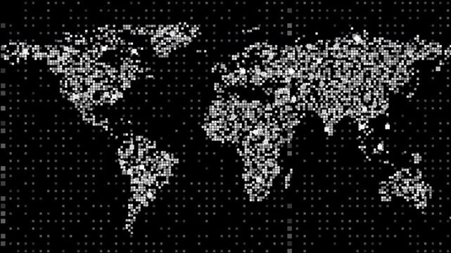 High-tech digital world map made of dots featuring a thin network grid and vertical data lines. Ideal for news broadcasts, global business presentations, or technology backgrounds.