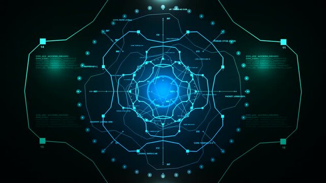 Centered glowing blue digital interface with complex concentric rings and data labels. Designed for AI processing, high-level hacking, or cybersecurity military defense visuals.