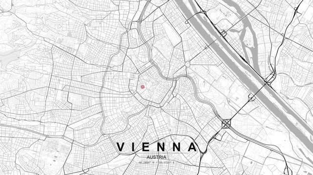 A grayscale city map of Vienna, Austria shows a red location pin over the street network, with the river and urban layout visible in a clean graphic view