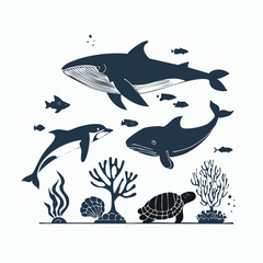 Fototapeta premium Composition of various marine animals and underwater elements on the seabed a large whale dolphin fish sea turtle corals with grunge texture deep sea wildlife