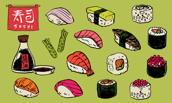 Vintage Hand Drawn of Various Japanese Sushi