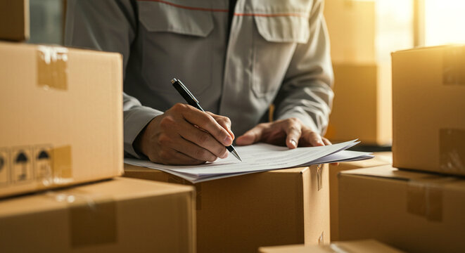 A person signing a document while sitting among stacks of cardboard boxes in a warehouse
