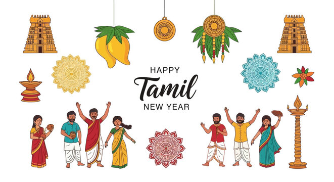 Vibrant vector illustrations celebrating the Tamil New Year festival, featuring traditional designs, temple towers, hanging mangoes, and joyful people against a clean white background