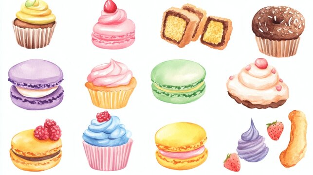 Watercolor assortment of colorful pastries and sweets on white background