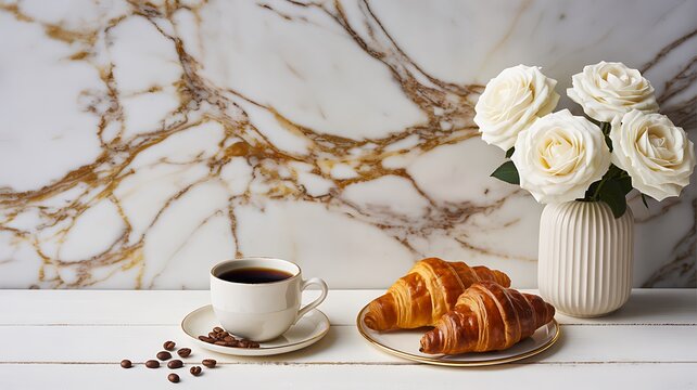 Elegant breakfast with coffee and croissant on marble table with flowers aesthetic concept
