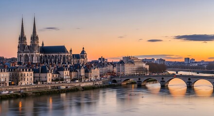 Fototapeta premium Cityscape view of a river with buildings and bridge at sunset