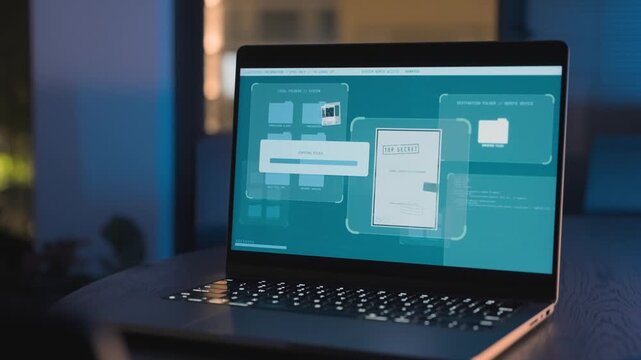Office or home hacker computer laptop copying or uploading secret files at night. PC remote accessing government server or data center breaking into spy agency system stealing sensitive information