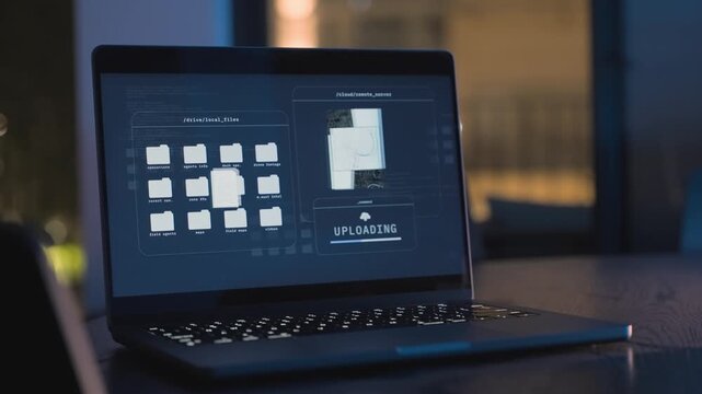 Software on laptop computer uploading classified documents to server at night. Spy or hacker stealing information from government or agency. Security breach copying files and reports into remote pc