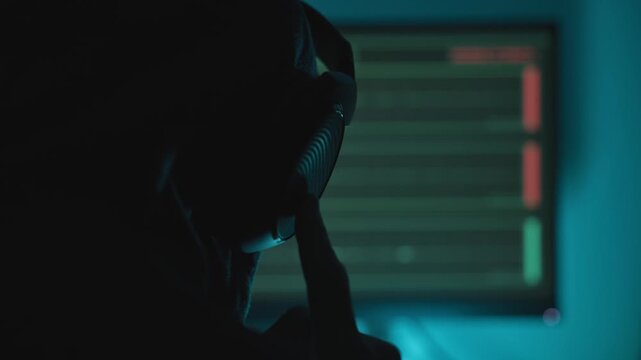 Hacker wearing headphones to listen to wiretap or remote conversation recording with audio and sound capture software or app. Secretly recording people. Spy agency illegal cyber activity in dark web