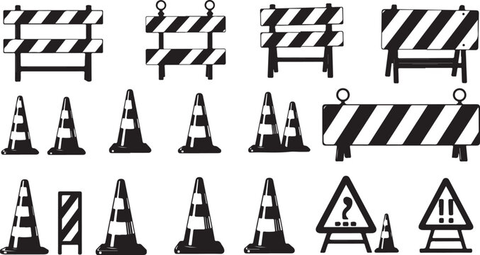 Road construction signs and traffic cones illustration set black