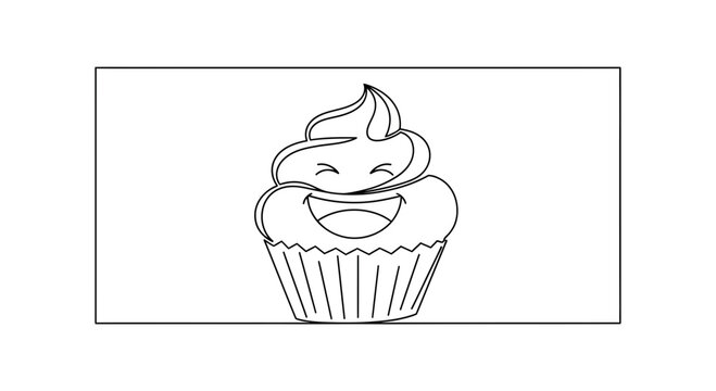 Happy Cupcake Drawing, One Line Art, Funny Cartoon Character, Sweet Food Icon