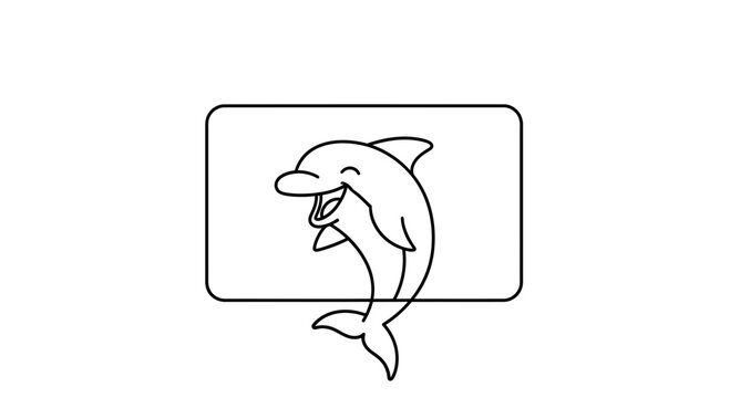 Happy Dolphin Icon, Simple Line Art, Vector Illustration, Cute Marine Animal