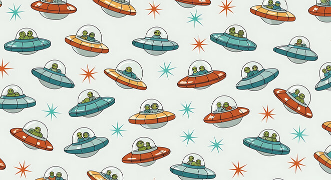 seamless pattern of flying saucers with cute cartoon aliens and retro stars a whimsical ufo illustration for kids backgrounds.