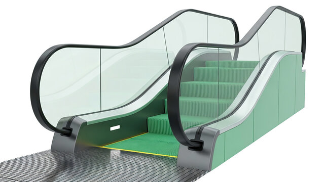 Modern escalator with green steps and transparent side panels, isolated