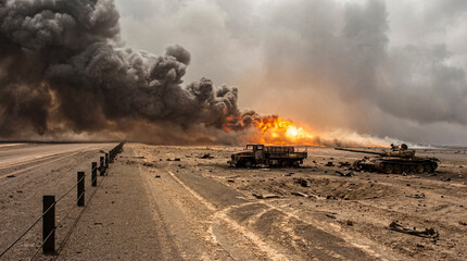 Devastating war scene in a desert landscape with a destroyed truck, tank, and massive oil field fires. © Esther