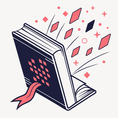 Isometric magic book concept with a dark blue cover featuring glowing pink pixel patterns, open with a red bookmark, and radiating magical elements. © Nasima