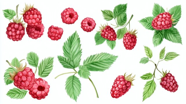Watercolor-style botanical illustration of multiple raspberries and berry leaves on white background