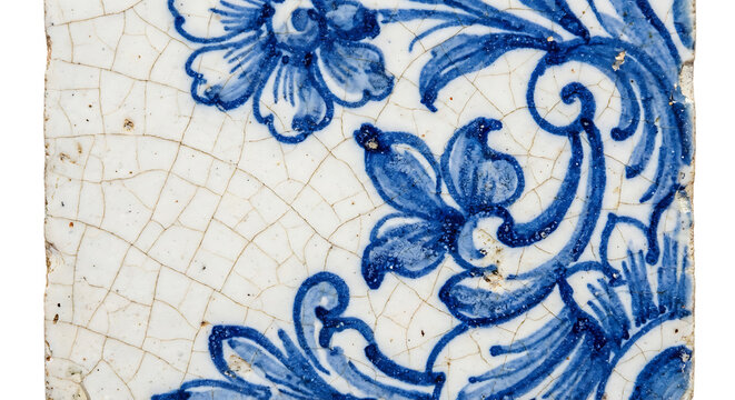 Vintage Blue and White Floral Ceramic Tile with Cracked Glaze