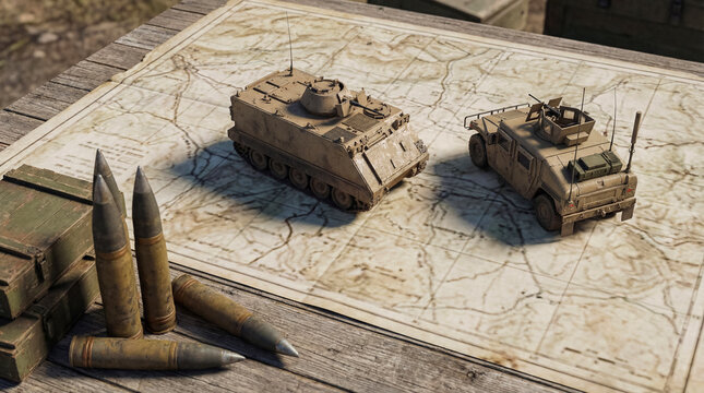 Detailed photograph of miniature military vehicles, ammunition, and crates on a topographic map.