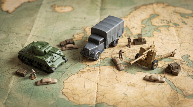 Vintage toy military vehicles and soldiers arranged on an antique world map, evoking historical war strategy games.