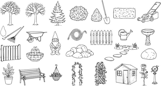 Garden Elements Line Art: Trees, Plants, Furniture  Tools Vector Set