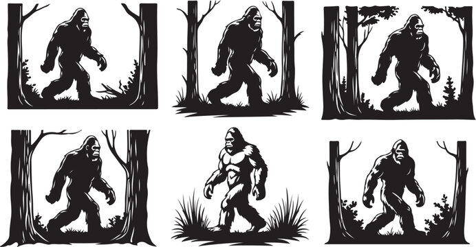 Bigfoot Silhouette Illustrations in Forest Settings Various Poses